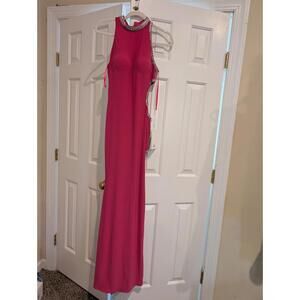 NWT Mac Duggal Long Pink Cutout Gown Rhinestone Slit Sample Size Xsmall